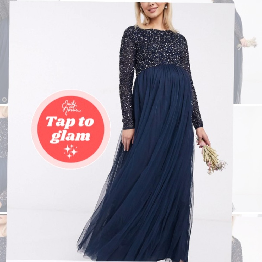 ASOS NWT Maya Maternity Long Sleeve Delicate Sequin FloorLength Navy Dress